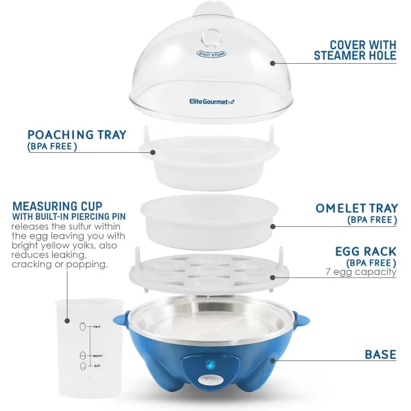 imageElite Gourmet Easy Electric 7 Egg Capacity Cooker Poacher Omelet Maker Scrambled Soft Medium Hard Boiled with Auto ShutOff and Buzzer BPA FreeClassic Blue