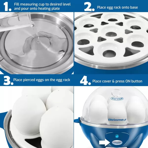 imageElite Gourmet Easy Electric 7 Egg Capacity Cooker Poacher Omelet Maker Scrambled Soft Medium Hard Boiled with Auto ShutOff and Buzzer BPA FreeClassic Blue