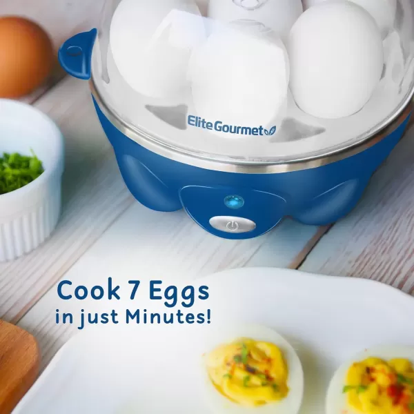 imageElite Gourmet Easy Electric 7 Egg Capacity Cooker Poacher Omelet Maker Scrambled Soft Medium Hard Boiled with Auto ShutOff and Buzzer BPA FreeClassic Blue