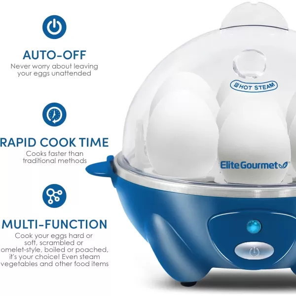 imageElite Gourmet Easy Electric 7 Egg Capacity Cooker Poacher Omelet Maker Scrambled Soft Medium Hard Boiled with Auto ShutOff and Buzzer BPA FreeClassic Blue