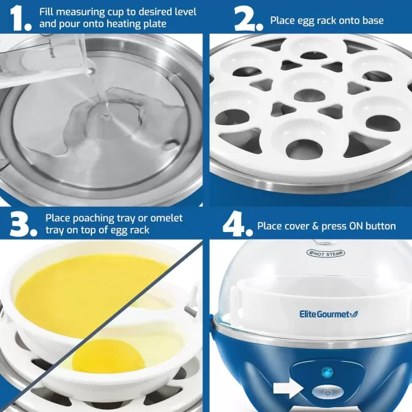 imageElite Gourmet Easy Electric 7 Egg Capacity Cooker Poacher Omelet Maker Scrambled Soft Medium Hard Boiled with Auto ShutOff and Buzzer BPA FreeClassic Blue
