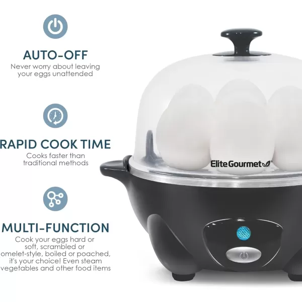 imageElite Gourmet Easy Electric 7 Egg Capacity Cooker Poacher Omelet Maker Scrambled Soft Medium Hard Boiled with Auto ShutOff and Buzzer BPA FreeDark Grey