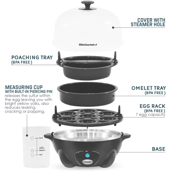 imageElite Gourmet Easy Electric 7 Egg Capacity Cooker Poacher Omelet Maker Scrambled Soft Medium Hard Boiled with Auto ShutOff and Buzzer BPA FreeDark Grey