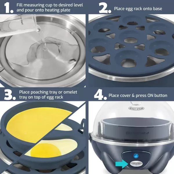 imageElite Gourmet Easy Electric 7 Egg Capacity Cooker Poacher Omelet Maker Scrambled Soft Medium Hard Boiled with Auto ShutOff and Buzzer BPA FreeGrey Blue