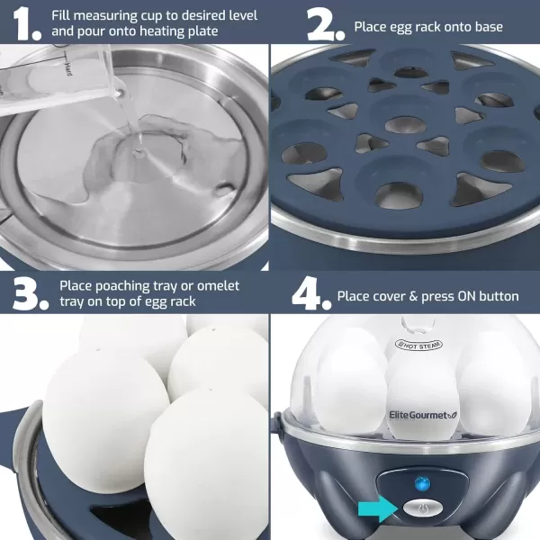 imageElite Gourmet Easy Electric 7 Egg Capacity Cooker Poacher Omelet Maker Scrambled Soft Medium Hard Boiled with Auto ShutOff and Buzzer BPA FreeGrey Blue