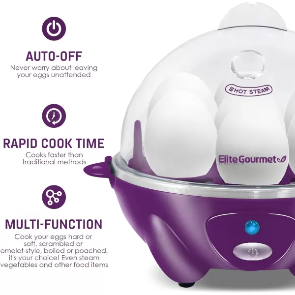 imageElite Gourmet Easy Electric 7 Egg Capacity Cooker Poacher Omelet Maker Scrambled Soft Medium Hard Boiled with Auto ShutOff and Buzzer BPA FreePurple