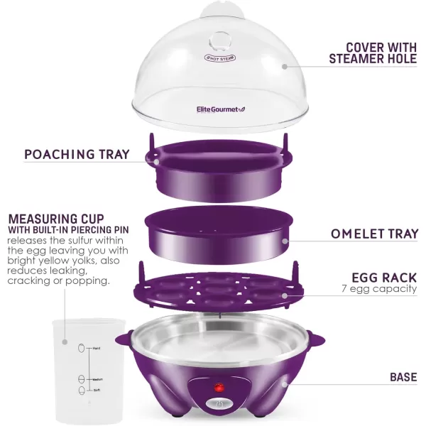 imageElite Gourmet Easy Electric 7 Egg Capacity Cooker Poacher Omelet Maker Scrambled Soft Medium Hard Boiled with Auto ShutOff and Buzzer BPA FreePurple