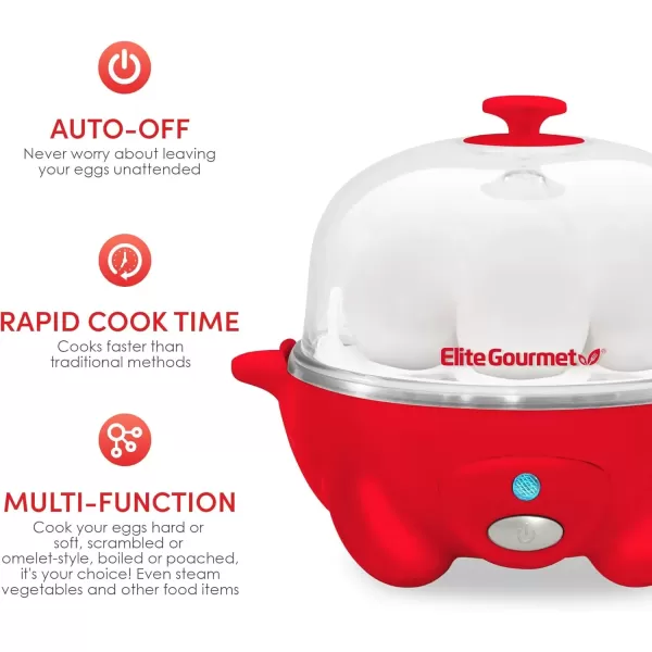 imageElite Gourmet Easy Electric 7 Egg Capacity Cooker Poacher Omelet Maker Scrambled Soft Medium Hard Boiled with Auto ShutOff and Buzzer BPA FreeRed