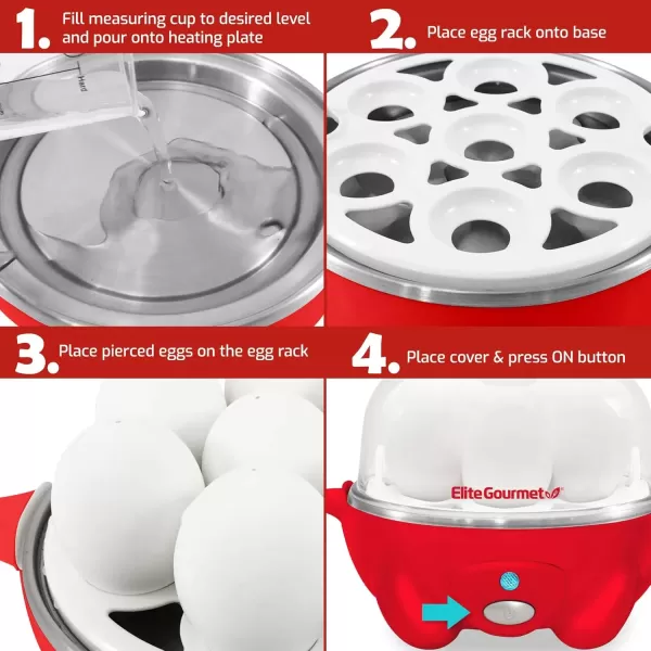 imageElite Gourmet Easy Electric 7 Egg Capacity Cooker Poacher Omelet Maker Scrambled Soft Medium Hard Boiled with Auto ShutOff and Buzzer BPA FreeRed