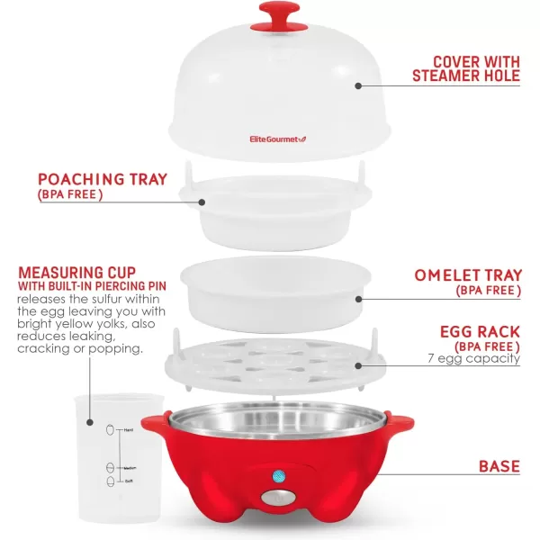 imageElite Gourmet Easy Electric 7 Egg Capacity Cooker Poacher Omelet Maker Scrambled Soft Medium Hard Boiled with Auto ShutOff and Buzzer BPA FreeRed