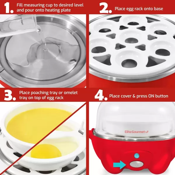 imageElite Gourmet Easy Electric 7 Egg Capacity Cooker Poacher Omelet Maker Scrambled Soft Medium Hard Boiled with Auto ShutOff and Buzzer BPA FreeRed