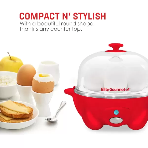 imageElite Gourmet Easy Electric 7 Egg Capacity Cooker Poacher Omelet Maker Scrambled Soft Medium Hard Boiled with Auto ShutOff and Buzzer BPA FreeRed