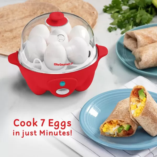 imageElite Gourmet Easy Electric 7 Egg Capacity Cooker Poacher Omelet Maker Scrambled Soft Medium Hard Boiled with Auto ShutOff and Buzzer BPA FreeRed