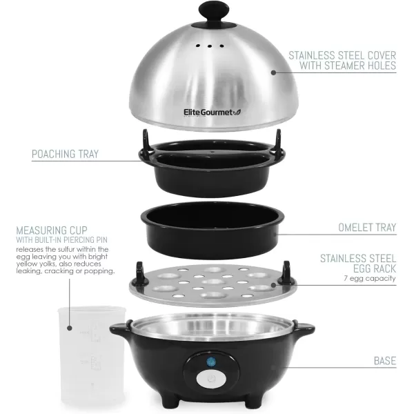 imageElite Gourmet Easy Electric 7 Egg Capacity Cooker Poacher Omelet Maker Scrambled Soft Medium Hard Boiled with Auto ShutOff and Buzzer BPA FreeStainless Steel
