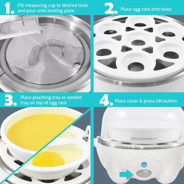imageElite Gourmet Easy Electric 7 Egg Capacity Cooker Poacher Omelet Maker Scrambled Soft Medium Hard Boiled with Auto ShutOff and Buzzer BPA FreeWhite