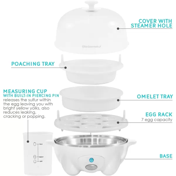 imageElite Gourmet Easy Electric 7 Egg Capacity Cooker Poacher Omelet Maker Scrambled Soft Medium Hard Boiled with Auto ShutOff and Buzzer BPA FreeWhite