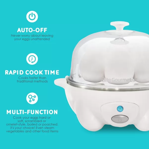 imageElite Gourmet Easy Electric 7 Egg Capacity Cooker Poacher Omelet Maker Scrambled Soft Medium Hard Boiled with Auto ShutOff and Buzzer BPA FreeWhite