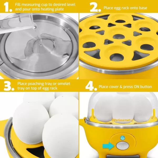 imageElite Gourmet Easy Electric 7 Egg Capacity Cooker Poacher Omelet Maker Scrambled Soft Medium Hard Boiled with Auto ShutOff and Buzzer BPA FreeYellow