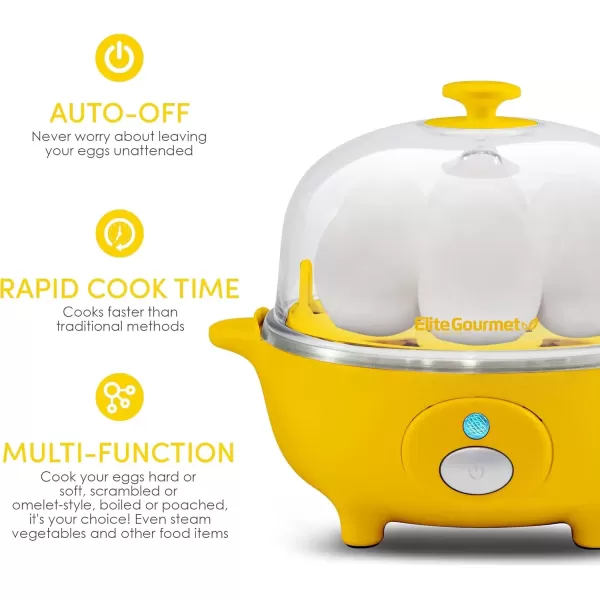imageElite Gourmet Easy Electric 7 Egg Capacity Cooker Poacher Omelet Maker Scrambled Soft Medium Hard Boiled with Auto ShutOff and Buzzer BPA FreeYellow
