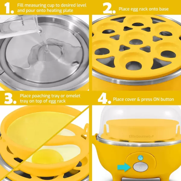 imageElite Gourmet Easy Electric 7 Egg Capacity Cooker Poacher Omelet Maker Scrambled Soft Medium Hard Boiled with Auto ShutOff and Buzzer BPA FreeYellow