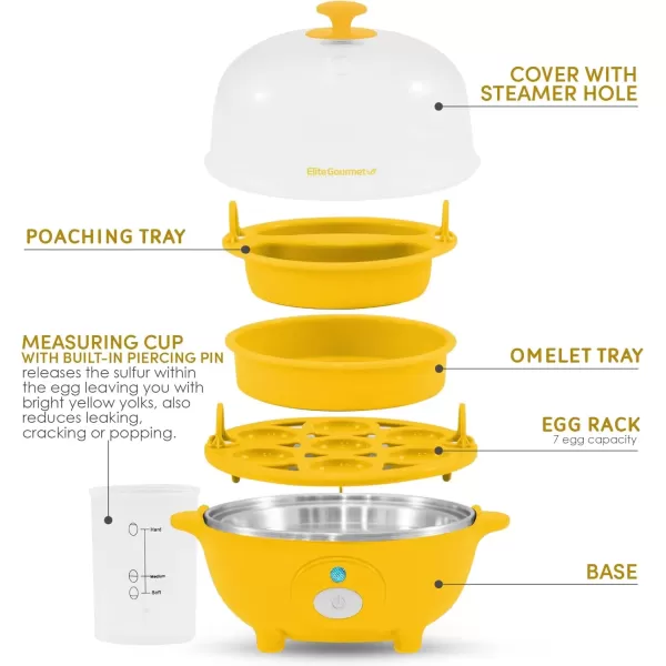 imageElite Gourmet Easy Electric 7 Egg Capacity Cooker Poacher Omelet Maker Scrambled Soft Medium Hard Boiled with Auto ShutOff and Buzzer BPA FreeYellow