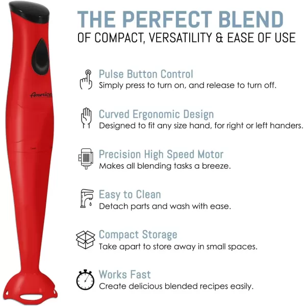 imageElite Gourmet Electric Immersion Hand Blender Mixer Chopper 1Touch Control Multi Purpose Hand Blender Stick Mixer Chopper 150 Watts OneTouch Control For Soups Sauces Baby Food RedRed