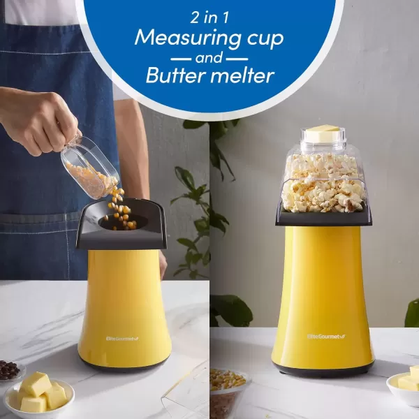 imageElite Gourmet Fast Hot Air Popcorn Popper 1300W Electric Popcorn Maker with Measuring Cup ampamp Butter Melting Tray OilFree Great for Home Party Kids Safety ETL Approved 4Quart Yellow