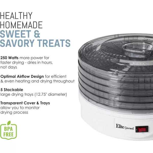 imageElite Gourmet Food Dehydrator 5 BPAFree Stackable Transparent for Homemade Jerky Herbs Fruit Veggies Meats Snacks Treats 5 Trays White
