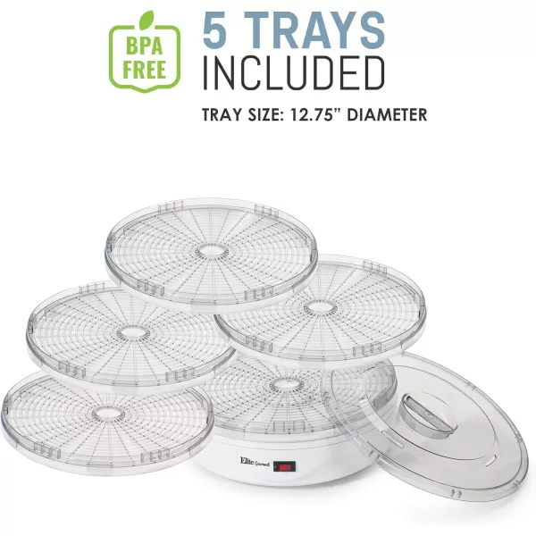 imageElite Gourmet Food Dehydrator 5 BPAFree Stackable Transparent for Homemade Jerky Herbs Fruit Veggies Meats Snacks Treats 5 Trays White