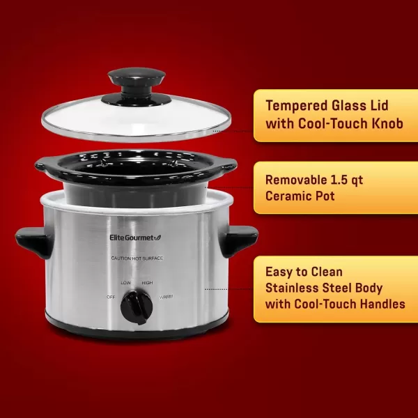 imageElite Gourmet MST250XS Electric Slow Cooker Ceramic Pot with Adjustable Temp Entrees Sauces Soups Roasts Stews ampamp Dips Dishwasher Safe 15 Quart Stainless SteelStainless Steel