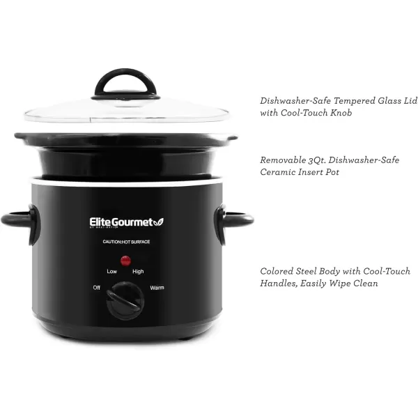 imageElite Gourmet MST350B Electric Slow Cooker Adjustable Temp Entrees Sauces Stews ampamp Dips Dishwasher Safe Glass Lid ampamp Crock 3 Quart Black3 Quarts