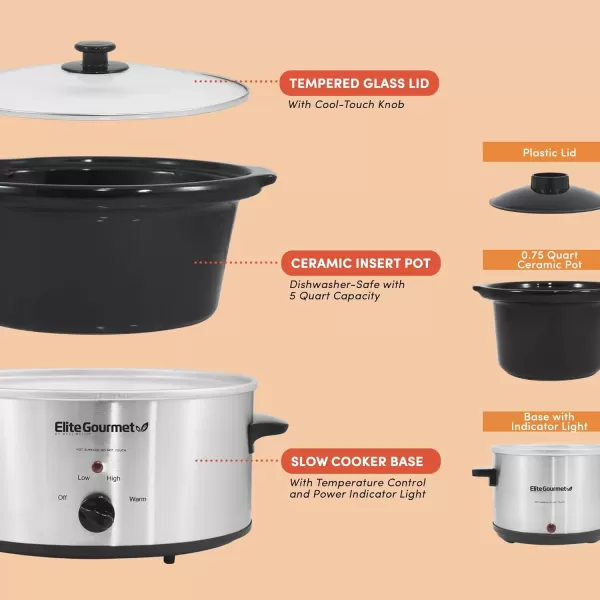 imageElite Gourmet MST350B Electric Slow Cooker Adjustable Temp Entrees Sauces Stews ampamp Dips Dishwasher Safe Glass Lid ampamp Crock 3 Quart Black5 Quarts