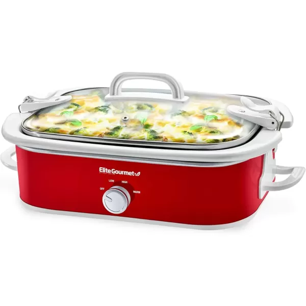 imageElite Gourmet MST5240 Casserole Crock Slow Cooker Locking Lid Adjustable Temperature Keep Warm Oven ampamp DishwasherSafe Casserole Pan 35Qt Capacity RedRed