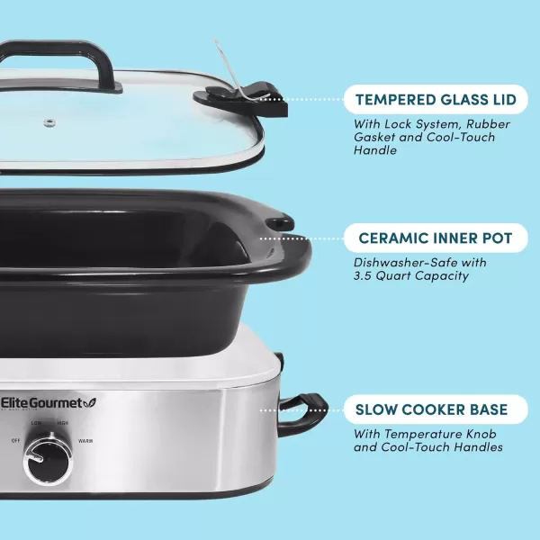imageElite Gourmet MST5240 Casserole Crock Slow Cooker Locking Lid Adjustable Temperature Keep Warm Oven ampamp DishwasherSafe Casserole Pan 35Qt Capacity RedStainless Steel
