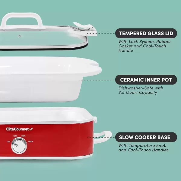 imageElite Gourmet MST5240 Casserole Crock Slow Cooker Locking Lid Adjustable Temperature Keep Warm Oven ampamp DishwasherSafe Casserole Pan 35Qt Capacity RedRed