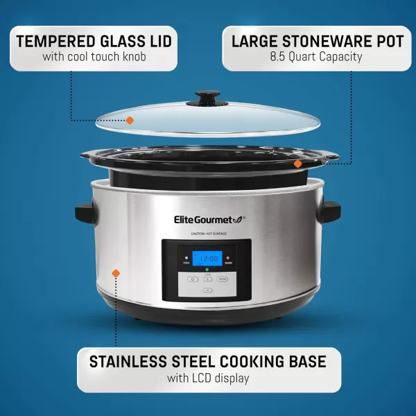 imageElite Gourmet MST900D Digital Programmable Slow Cooker Oval Adjustable Temp Entrees Sauces Stews ampamp Dips Dishwasher Safe Glass Lid ampamp Crock 85 Quart Stainless Steel