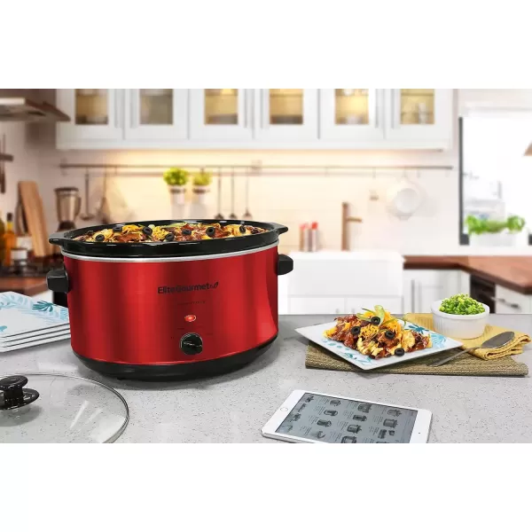 imageElite Gourmet MST900RXT Electric Ceramic XL Jumbo Slow Cooker Adjustable Temp Entrees Sauces Stews ampamp Dips Dishwasher Safe Glass Lid ampamp Crock 85Qt MetallicRed
