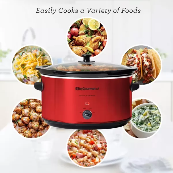 imageElite Gourmet MST900RXT Electric Ceramic XL Jumbo Slow Cooker Adjustable Temp Entrees Sauces Stews ampamp Dips Dishwasher Safe Glass Lid ampamp Crock 85Qt MetallicRed