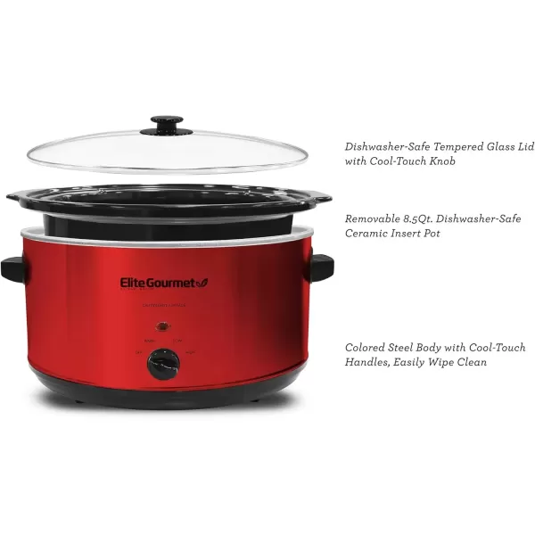 imageElite Gourmet MST900RXT Electric Ceramic XL Jumbo Slow Cooker Adjustable Temp Entrees Sauces Stews ampamp Dips Dishwasher Safe Glass Lid ampamp Crock 85Qt MetallicRed