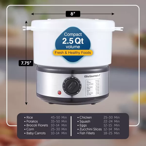 imageElite Gourmet MaxiMatic Electric Food Vegetable Steamer with BPAFree 3 Tier Stackable Nested Basket Trays Auto Shutoff 60min Timer 800W 9 Quart Stainless Steel25 Quart