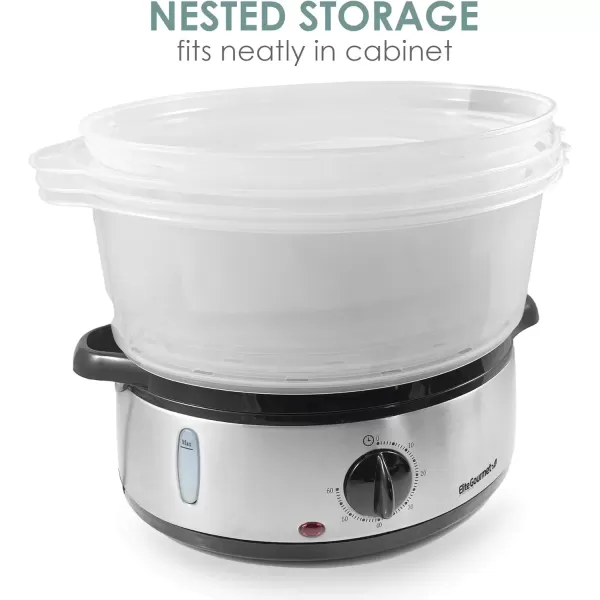 imageElite Gourmet MaxiMatic Electric Food Vegetable Steamer with BPAFree 3 Tier Stackable Nested Basket Trays Auto Shutoff 60min Timer 800W 9 Quart Stainless Steel95 Quart