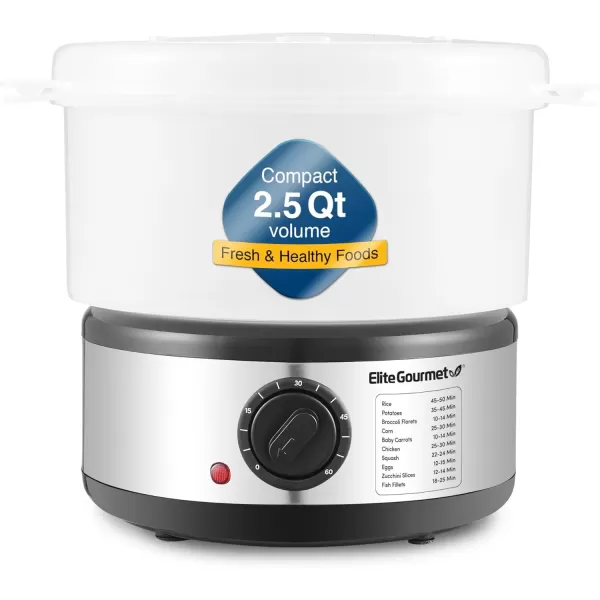 imageElite Gourmet MaxiMatic Electric Food Vegetable Steamer with BPAFree 3 Tier Stackable Nested Basket Trays Auto Shutoff 60min Timer 800W 9 Quart Stainless Steel25 Quart