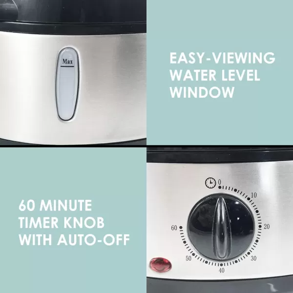 imageElite Gourmet MaxiMatic Electric Food Vegetable Steamer with BPAFree 3 Tier Stackable Nested Basket Trays Auto Shutoff 60min Timer 800W 9 Quart Stainless Steel95 Quart