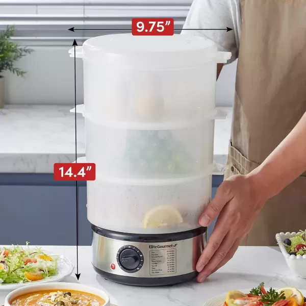 imageElite Gourmet MaxiMatic Electric Food Vegetable Steamer with BPAFree 3 Tier Stackable Nested Basket Trays Auto Shutoff 60min Timer 800W 9 Quart Stainless Steel75 Quart