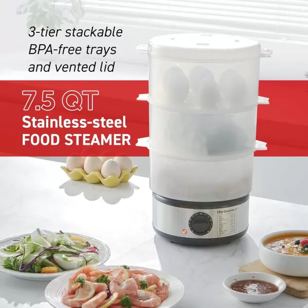 imageElite Gourmet MaxiMatic Electric Food Vegetable Steamer with BPAFree 3 Tier Stackable Nested Basket Trays Auto Shutoff 60min Timer 800W 9 Quart Stainless Steel75 Quart