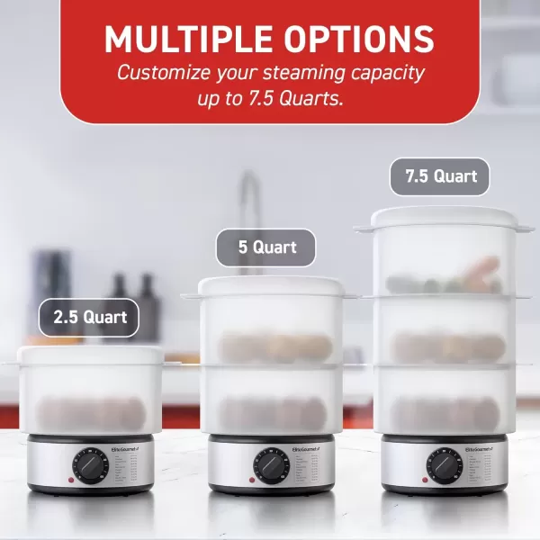 imageElite Gourmet MaxiMatic Electric Food Vegetable Steamer with BPAFree 3 Tier Stackable Nested Basket Trays Auto Shutoff 60min Timer 800W 9 Quart Stainless Steel75 Quart