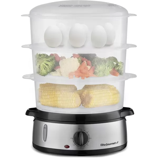 imageElite Gourmet MaxiMatic Electric Food Vegetable Steamer with BPAFree 3 Tier Stackable Nested Basket Trays Auto Shutoff 60min Timer 800W 9 Quart Stainless Steel95 Quart