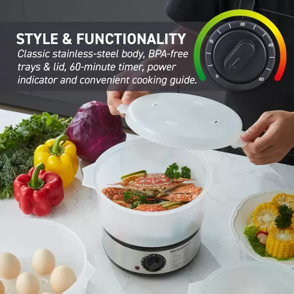 imageElite Gourmet MaxiMatic Electric Food Vegetable Steamer with BPAFree 3 Tier Stackable Nested Basket Trays Auto Shutoff 60min Timer 800W 9 Quart Stainless Steel75 Quart
