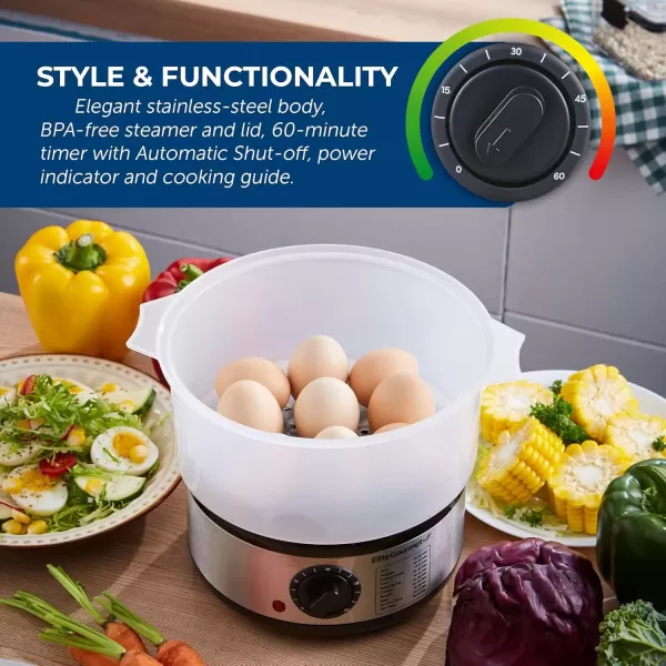 imageElite Gourmet MaxiMatic Electric Food Vegetable Steamer with BPAFree 3 Tier Stackable Nested Basket Trays Auto Shutoff 60min Timer 800W 9 Quart Stainless Steel25 Quart