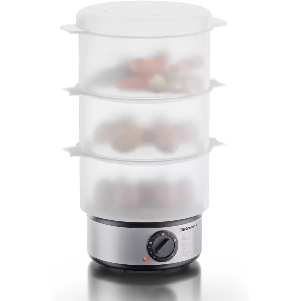 imageElite Gourmet MaxiMatic Electric Food Vegetable Steamer with BPAFree 3 Tier Stackable Nested Basket Trays Auto Shutoff 60min Timer 800W 9 Quart Stainless Steel75 Quart